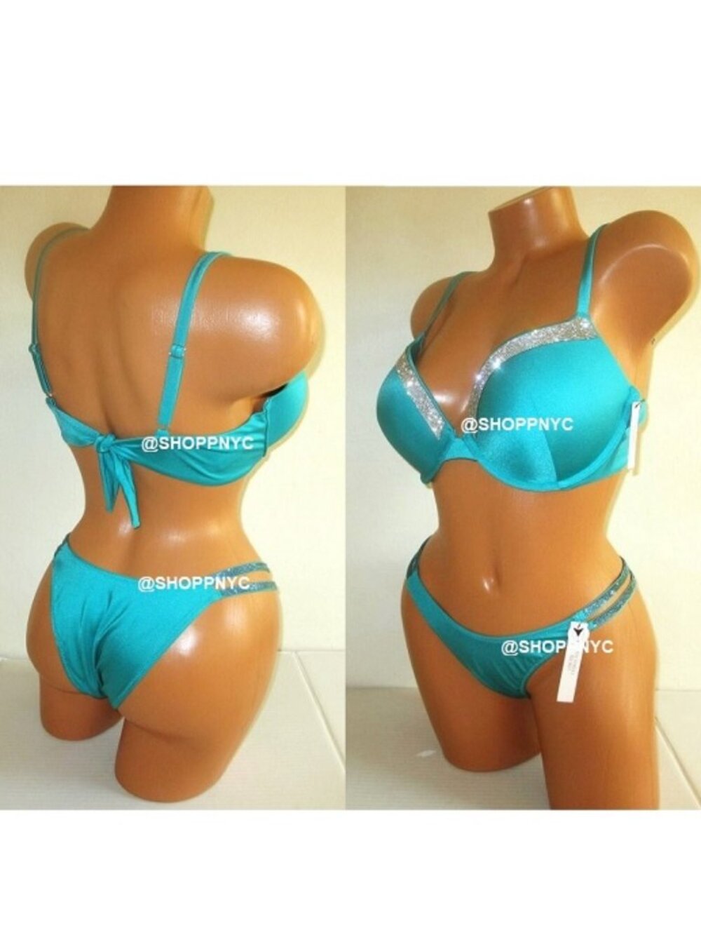 32B  XS VICTORIA SECRET SWIM Shine Strap Push Up Top Bikini Set Brazilian Bottom